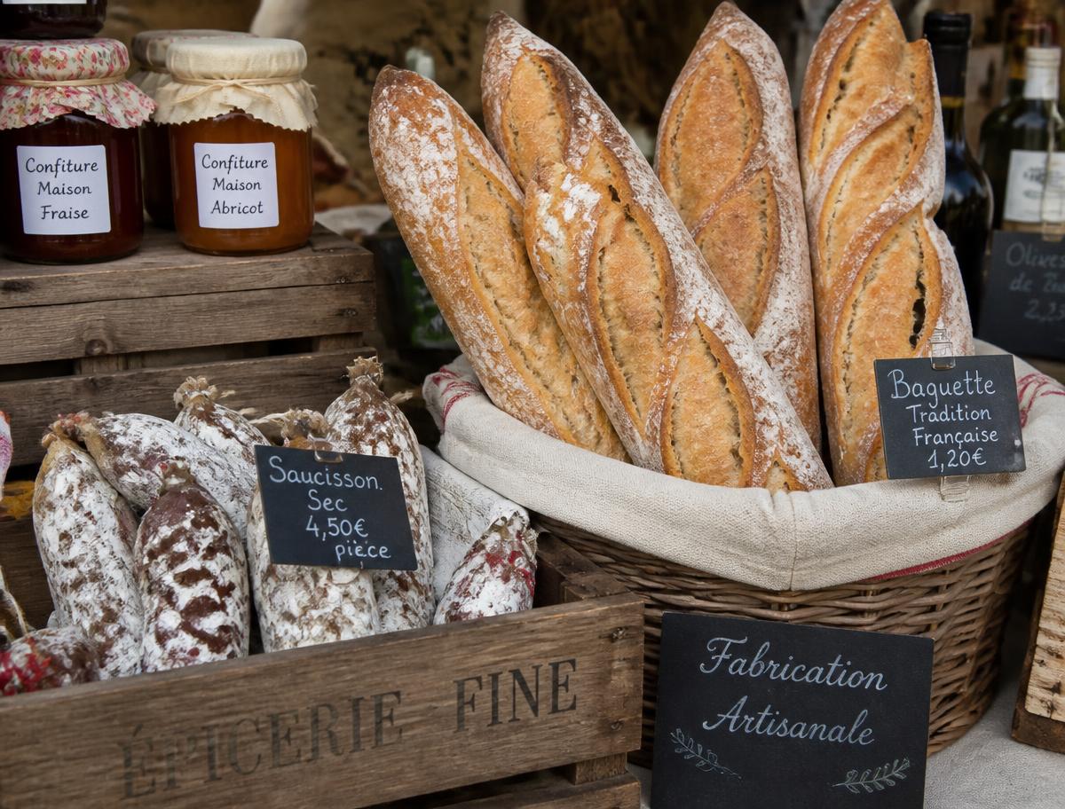 Baguettes, saucisson and jars of confiture on wooden market crates
