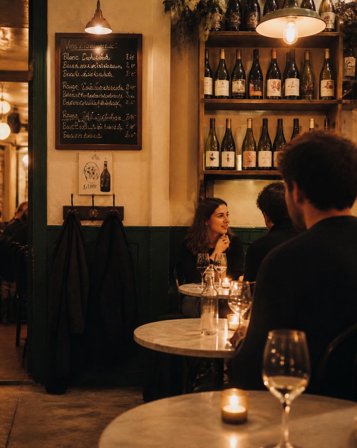 Candlelit French wine bar with green wainscoting and oak shelves of natural wine